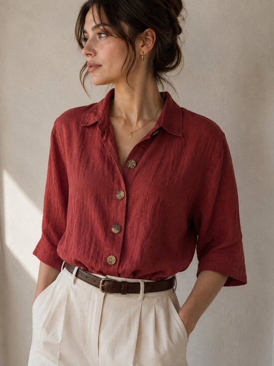 Clio Tops - Vintage 90s Linen Shirt CLIO Petites Size PM Red Button Up Shirt Made in USA